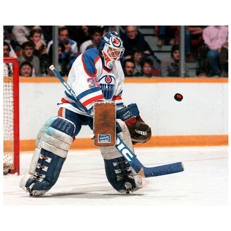 Andy Moog Edmonton Oilers Autographed Home Action Flying Puck 8x10 Photo