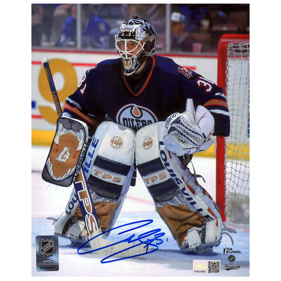 Curtis Joseph Signed Edmonton Oilers Navy Road Action Watching The Play 8x10 Framed Photo