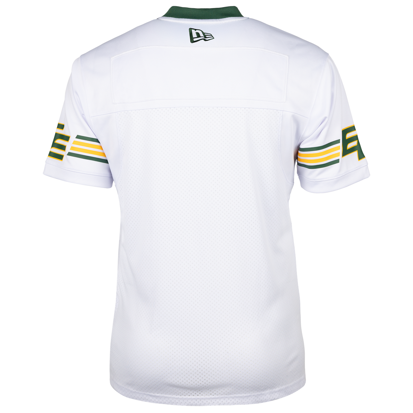 White Edmonton Elks football jersey with green and yellow accents on a white background