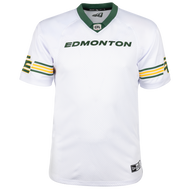 White Edmonton Elks jersey with green and yellow accents, featuring the word 'Edmonton'.