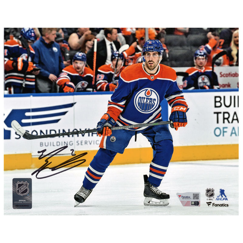Evan Bouchard Signed Edmonton Oilers Blue Action 8x10 Framed Photo