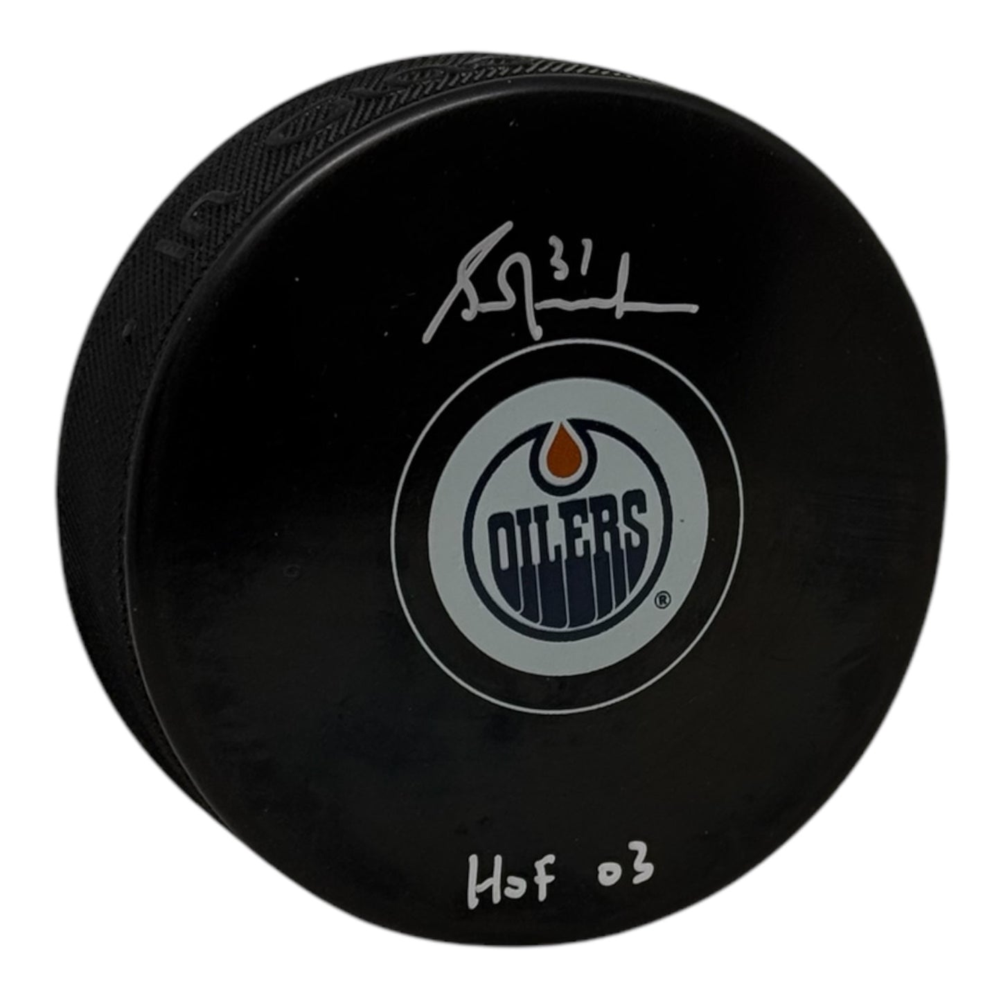 Grant Fuhr Signed Edmonton Oilers Puck HOF 03 Inscription