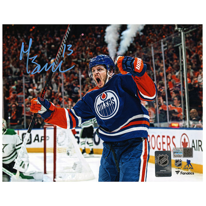 Mattias Janmark Signed Edmonton Oilers Blue Action Goal Celebration 8x10 Photo