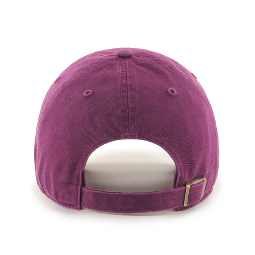 Back view of purple hat with brass clasp 