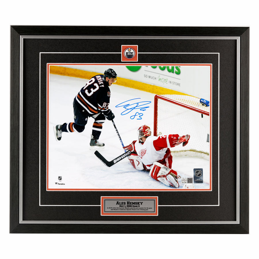 Autographed 11x14 photograph featuring Ales Hemsky of the Edmonton Oilers, with the series-winning goal against the Detroit Red Wings, signed center middle.