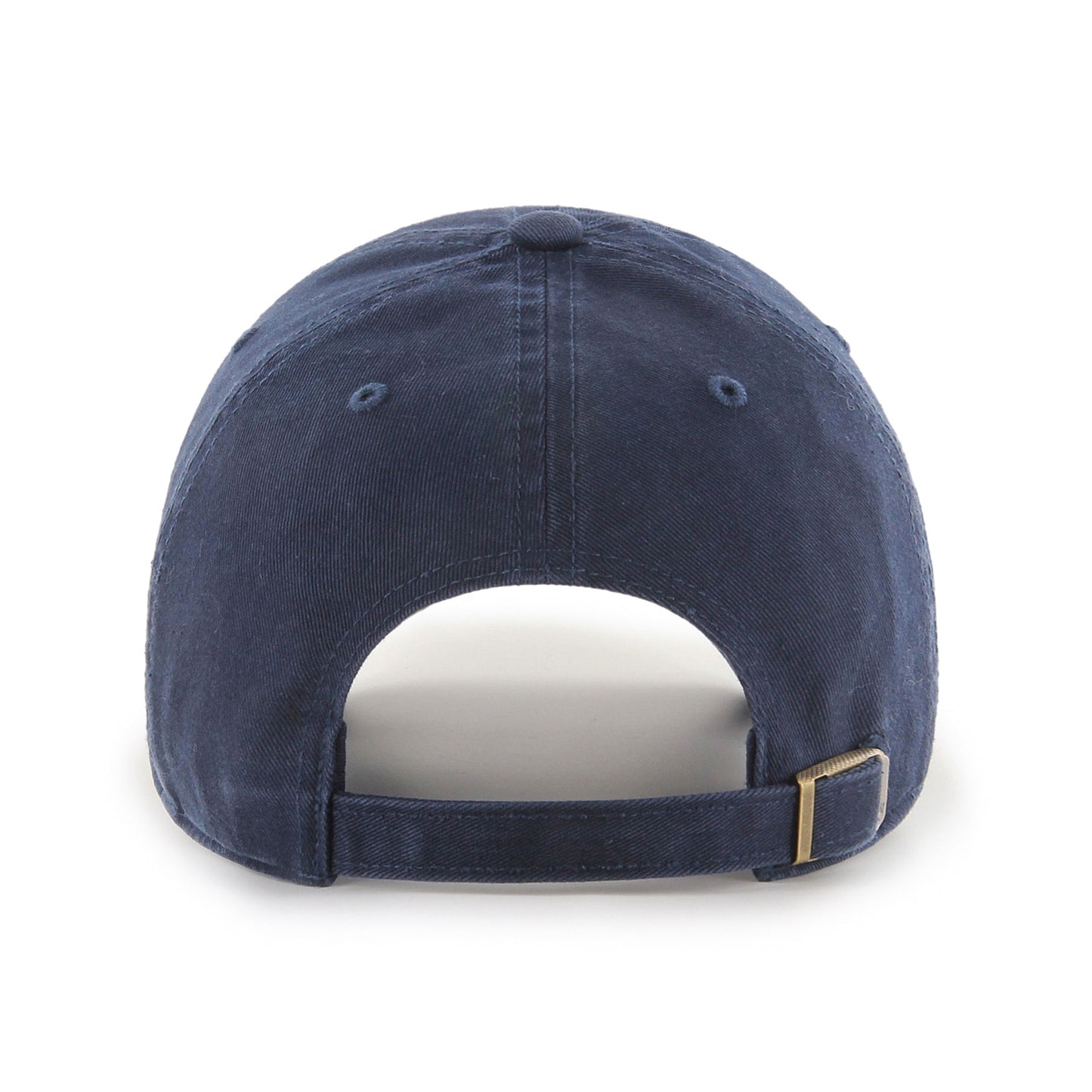 Back view of a blue cap with brass clasp