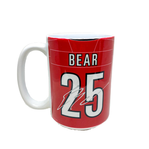Back side of Ethan Bear jersey mug featuring red Carolina Hurricanes jersey design and facsimile autograph