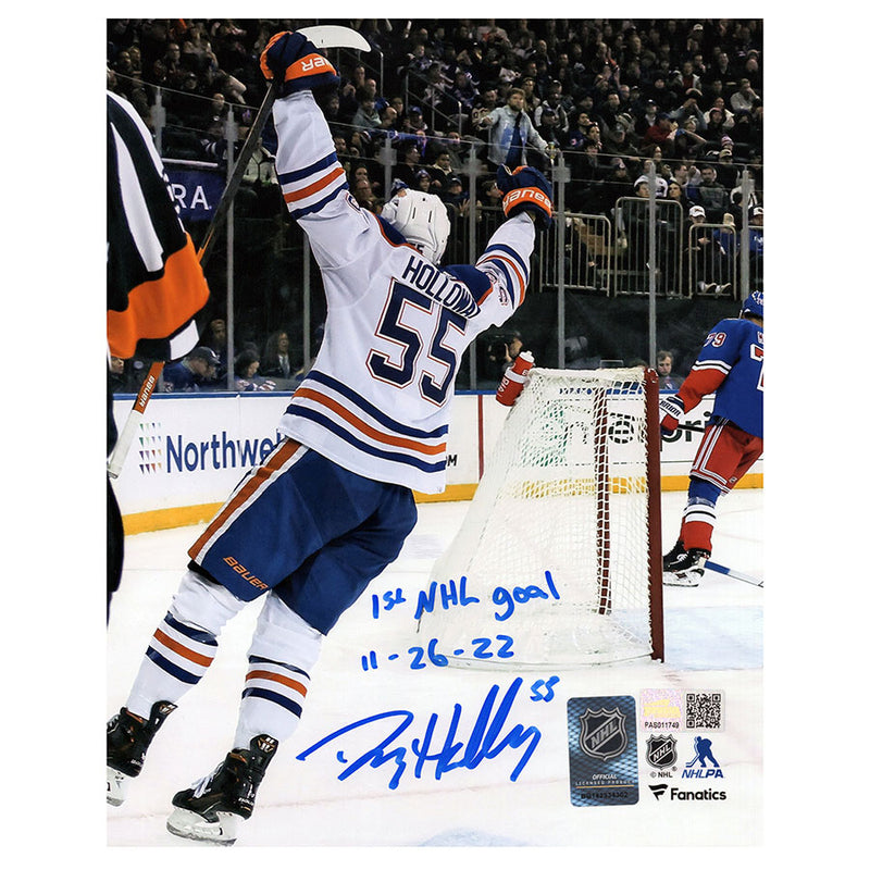 Dylan Holloway Signed Edmonton Oilers White Road 1st Goal Celebration 8x10 Photo Inscribed