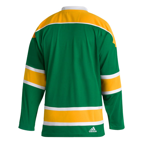 Bac view of Front view of the adidas vintage team classics 1970 California Golden Seals jersey. Jersey is primarily green with bands of yellow and white. There is a small embroidered adidas logo in the bottom hem on the right. 