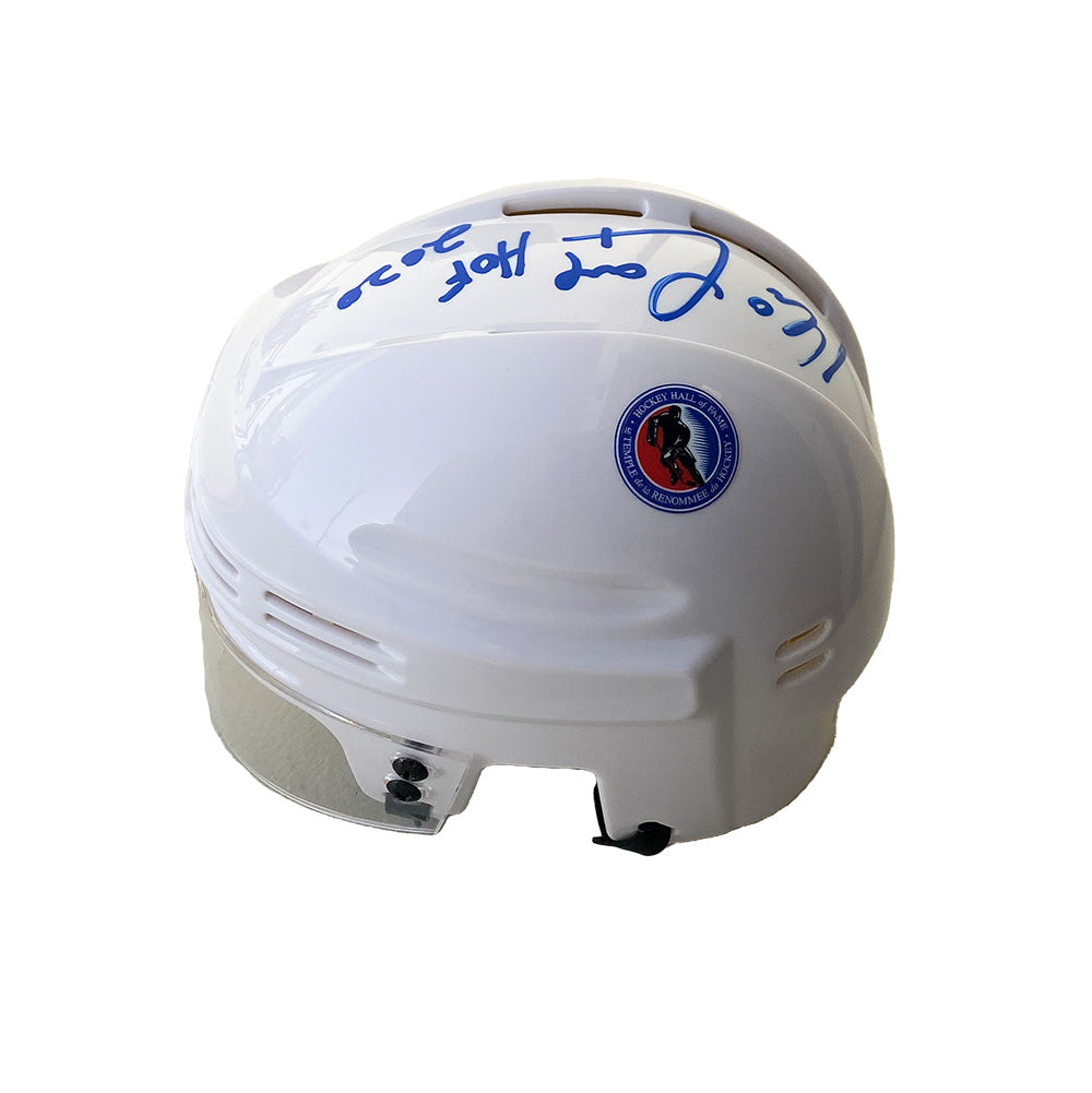 Left side view of Kevin Lowe Signed White Mini Helmet, helmet is signed in blue ink with inscription "HOF 2020"