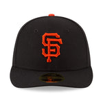 Front view of black San Francisco Giants MLB baseball cap with orange embroidered logo on front. Low profile style 59Fifty cap from New Era.