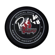 Black WHL official game puck with Moose Jaw Warriors logo, puck is signed by Ryan Smyth.