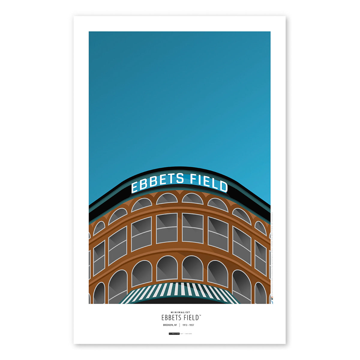 Poster print from artist S. Preston's collection of minimalist stadium art, this poster features the entrance and signage of heritage field Ebbets Field, which was home to the Brooklyn Dodgers