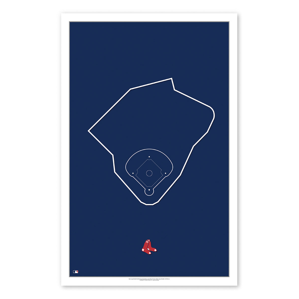 Poster print with minimalist line art design of Fenway Park, home of the Red Sox. Field outline is in white with team logo below illustration. Background of poster is blue.