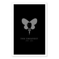 Artist S. Preston's tribute to Muhammad Ali, poster print with black background, centre of poster features a minimal design that combines the wings of a butterfly, the stinger of a bee, and a boxing glove. The text below is "The Greatest, 1942-2016".