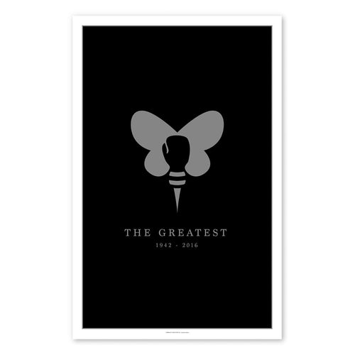 Artist S. Preston's tribute to Muhammad Ali, poster print with black background, centre of poster features a minimal design that combines the wings of a butterfly, the stinger of a bee, and a boxing glove. The text below is "The Greatest, 1942-2016". 