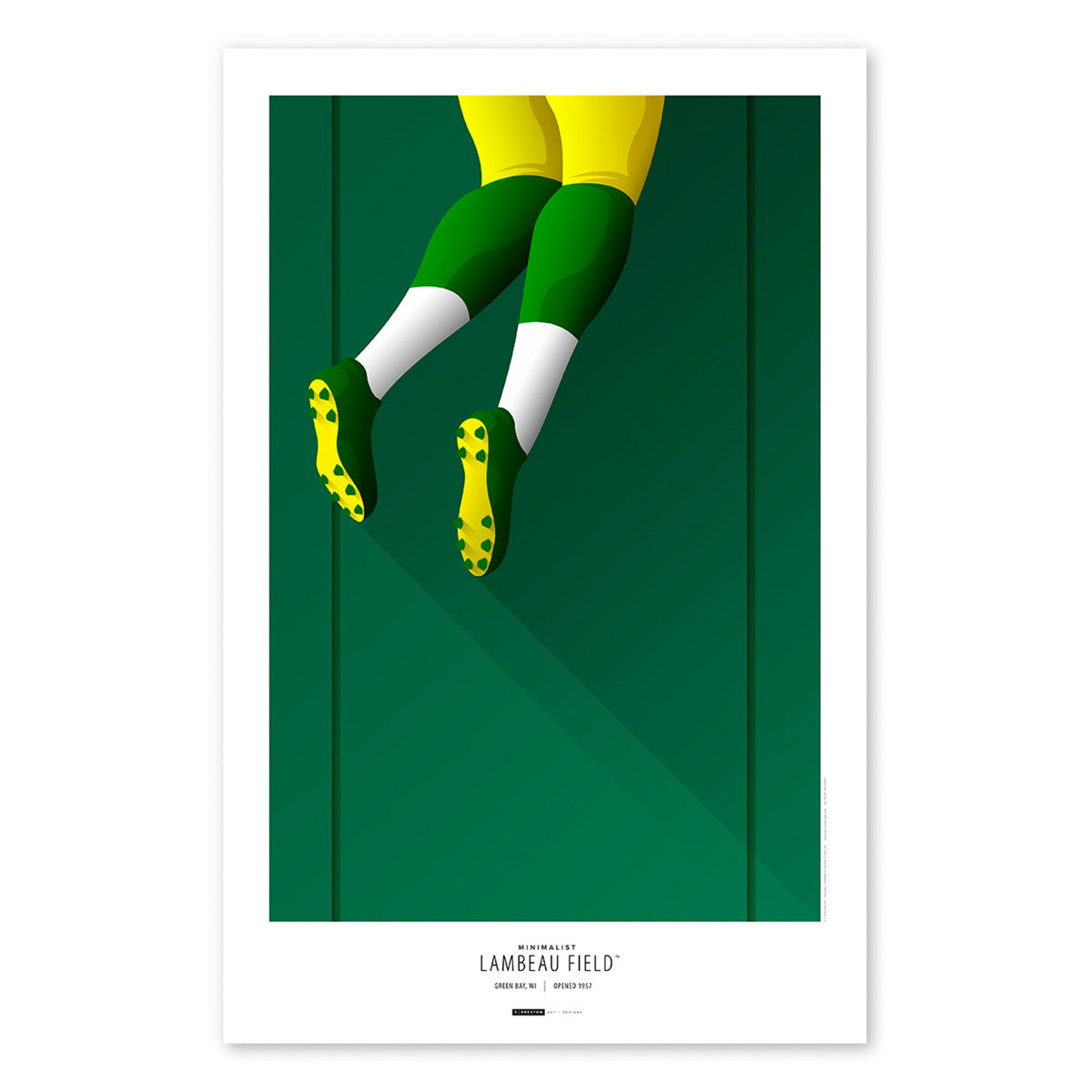 Poster print with a minimalist illustration of a Green Bay Packer doing the "Lambeau Leap" by artist S. Preston. Poster has artwork title at the bottom of print.