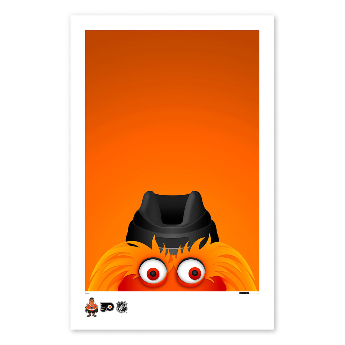 Poster print from artist S. Preston's collection of minimalist mascots, this print features a portrait of Gritty, the Philadelphia Flyers mascot.