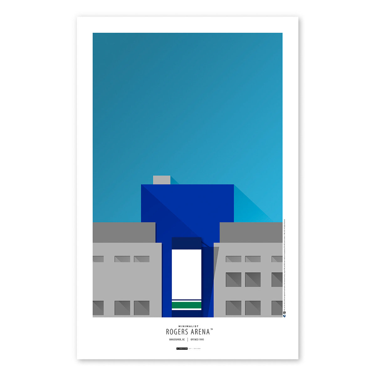 Poster print from artist S. Preston's collection of minimalist stadium art, this poster features a view of Gate 16 at Rogers Arena, home of the Vancouver Canucks.