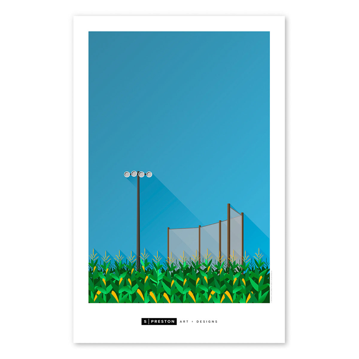 The baseball diamond and house from the film "Field of Dreams" is a popular tourist destination. Poster artwork shows a minimalist rendering of the cornfield, baseball fence and lights. Artist S. Preston's name and brand mark are present at the bottom centre of the print.