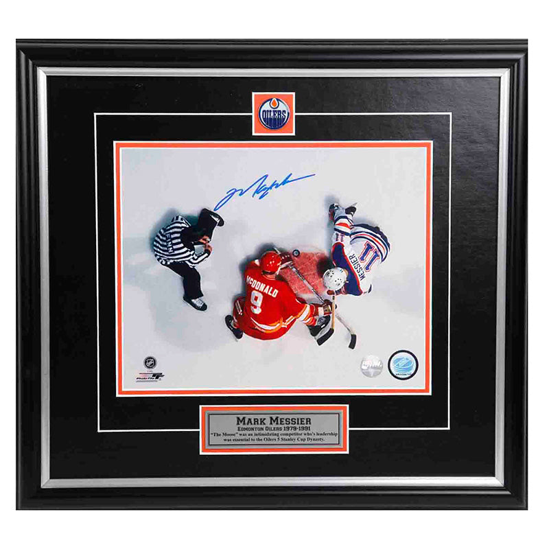 Mark Messier Edmonton Oilers Autographed Framed 11x14 Photo Overhead Faceoff