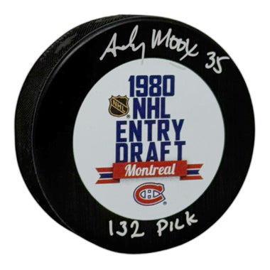 Hockey puck with 1980 NHL Entry Draft Montreal Canadiens logo and Andy Moog autograph