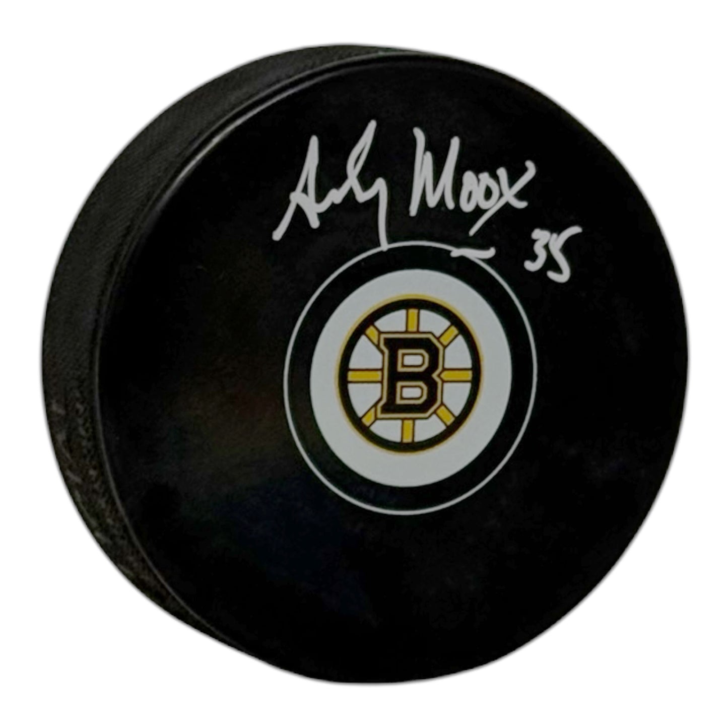 Andy Moog Signed Boston Bruins Small Logo Puck
