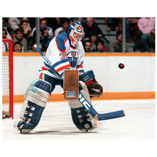 Andy Moog Edmonton Oilers Autographed Home Action Flying Puck 8x10 Photo