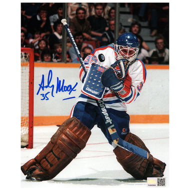 Andy Moog Signed Edmonton Oilers Home Action Blocker Save 8x10 Photo