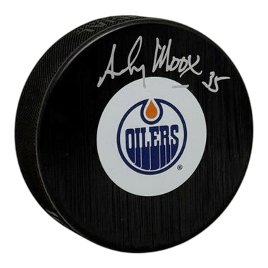 Andy Moog Signed Edmonton Oilers Mid Size Logo Puck