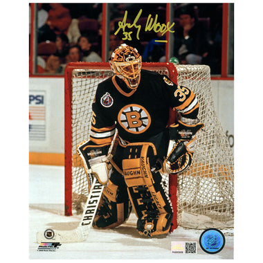 Andy Moog Signed Boston Bruins Road Action Against The Post 8x10 Photo