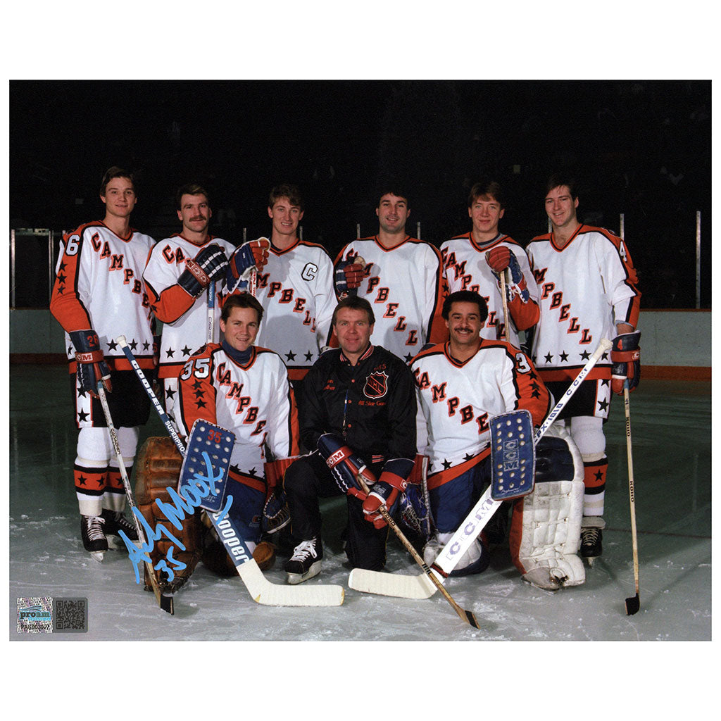 Andy Moog Signed Campbell Conference White Posed 1985 Oilers All Stars Save 8x10 Photo