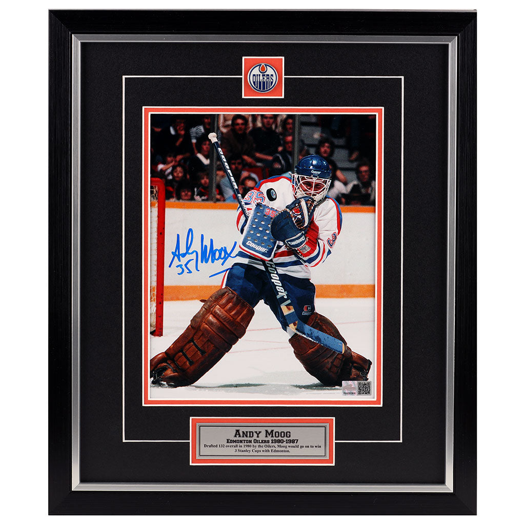 Andy Moog Signed Edmonton Oilers Home Action Blocker Save 8x10 Photo
