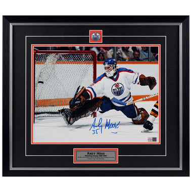 Andy Moog Signed Edmonton Oilers Home Action Kick Save 11x14 Photo