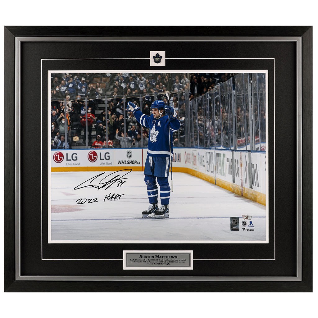 Auston Matthews Signed Toronto Maple Leafs - Blue Celebration - 16x20 Photo Inscribed "2022 Hart"