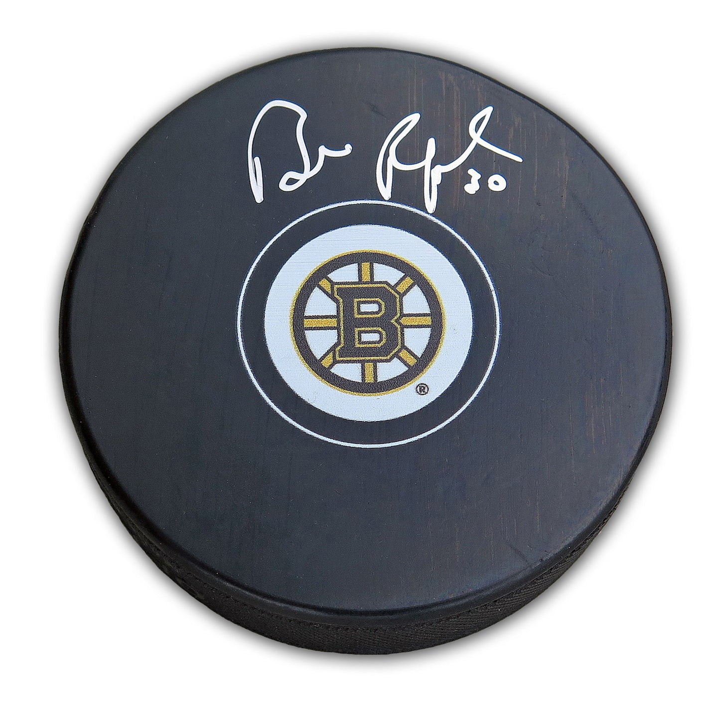 Black hockey puck with Bruins logo and Bill Ranford signature on a white background
