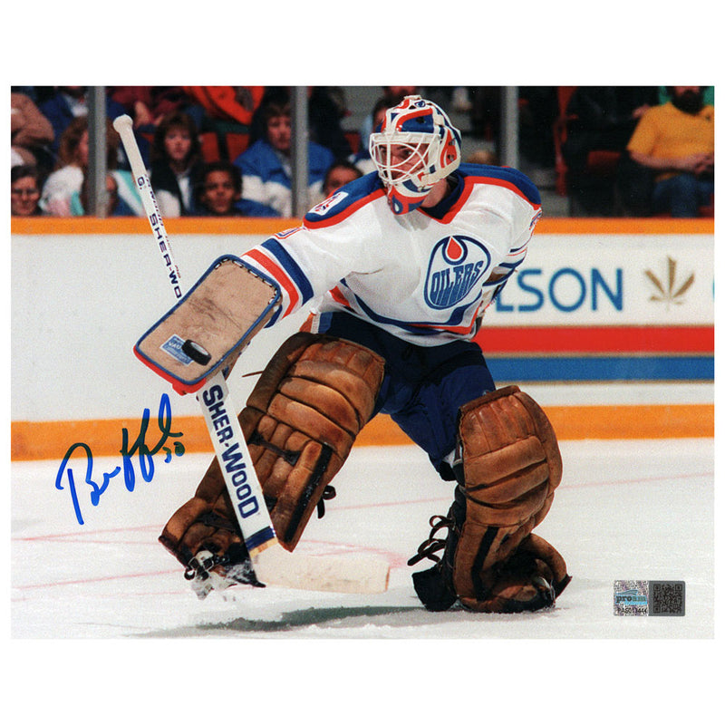 Bill Ranford Signed Edmonton Oilers Blocker Save White Action 8x10 Photo