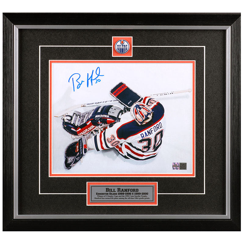 Bill Ranford Signed Edmonton Oilers Overhead Kick Save 8x10 Photo