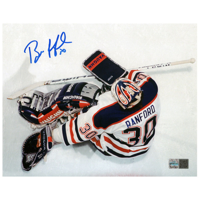 Bill Ranford Signed Edmonton Oilers Overhead Kick Save 8x10 Photo