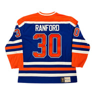 Bill Ranford Signed Edmonton Oilers Vintage Royal Replica Jersey 1990 Stanley Cup Patch