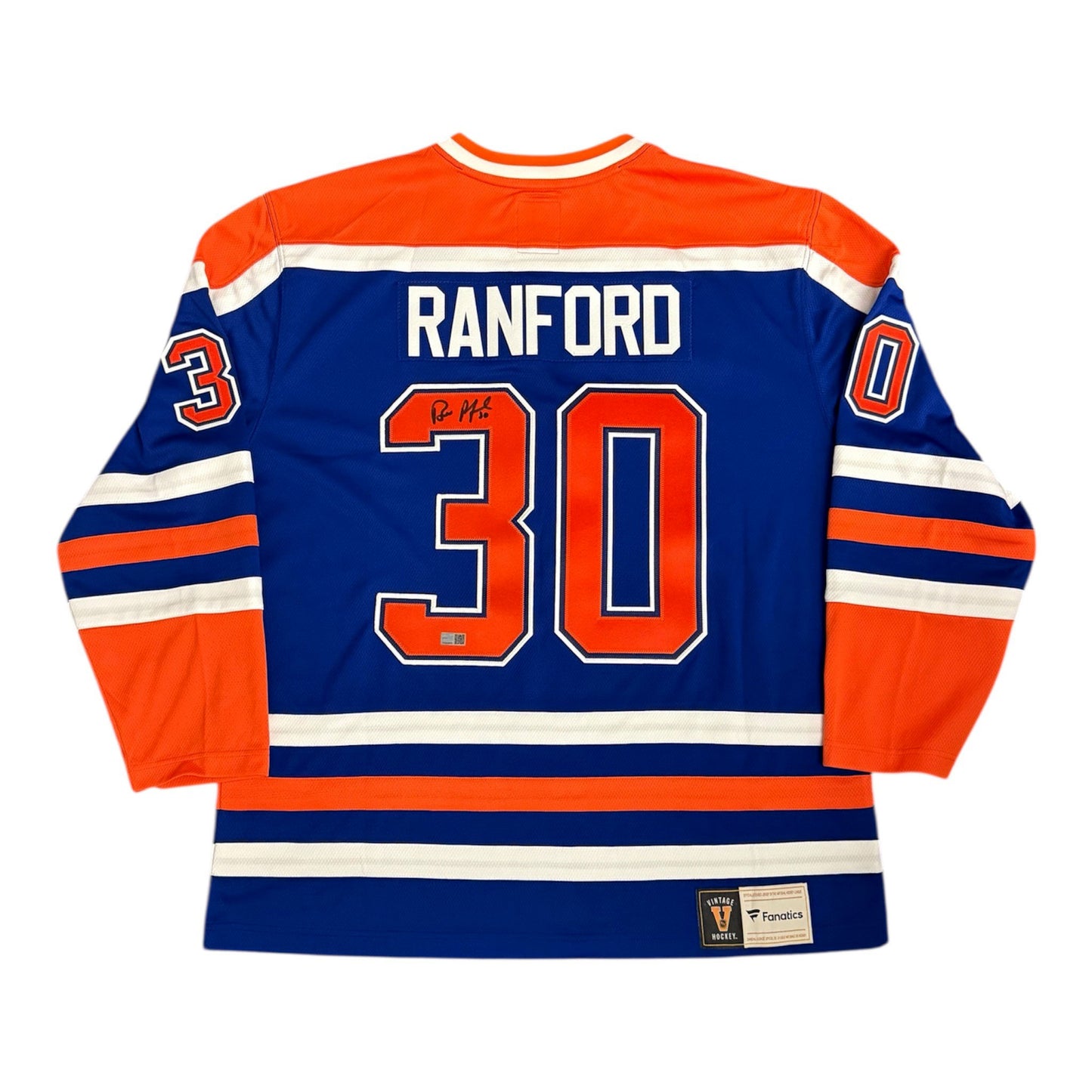 Bill Ranford Signed Edmonton Oilers Vintage Royal Replica Jersey 1990 Stanley Cup Patch