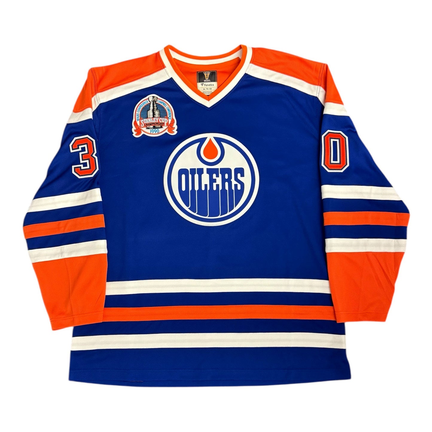 Bill Ranford Signed Edmonton Oilers Vintage Royal Replica Jersey 1990 Stanley Cup Patch