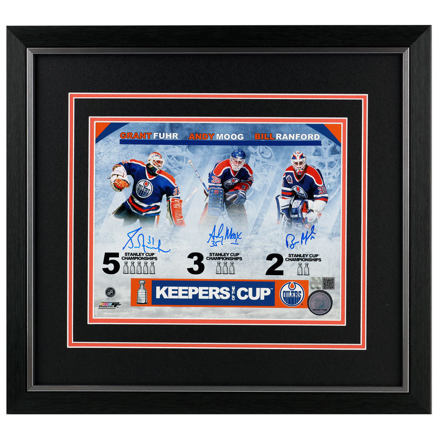 Bill Ranford, Andy Moog, and Grant Fuhr Triple Signed Edmonton Oilers Keepers Of The Cup 8x10 Photo