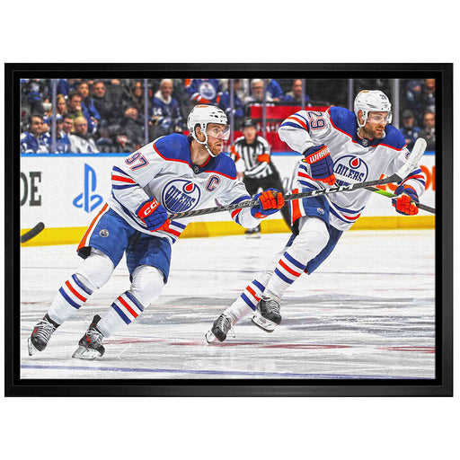 Connor McDavid Leon Draisaitl Edmonton Oilers Road Action 20x29 Canvas Frame