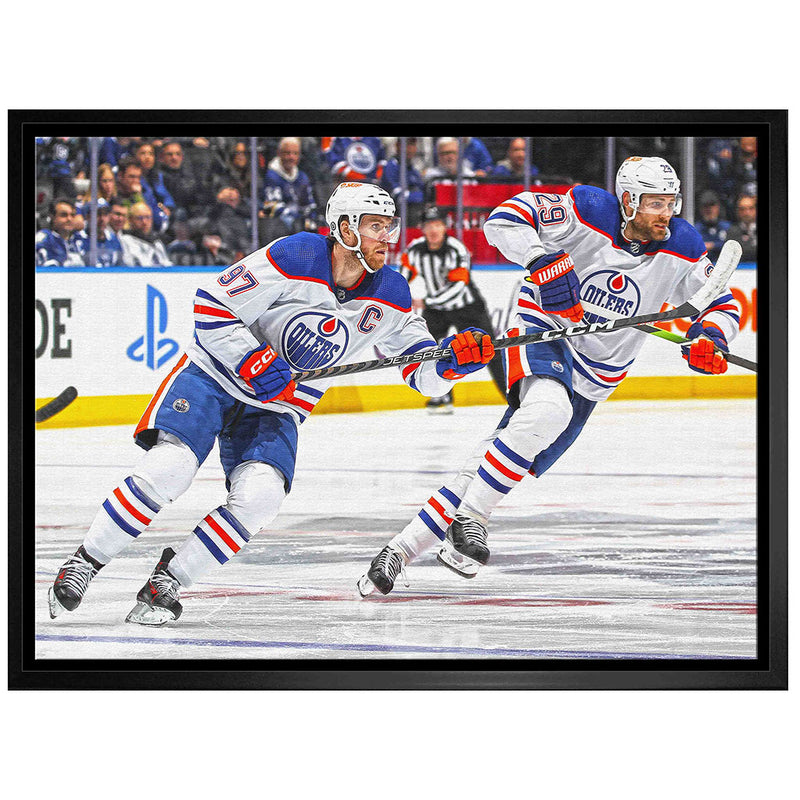 Connor McDavid Leon Draisaitl Edmonton Oilers Road Action 20x29 Canvas Frame