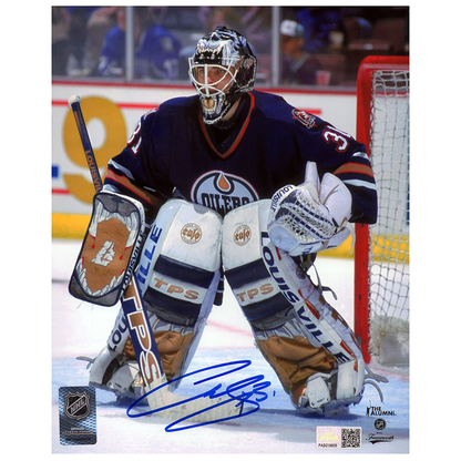 Curtis Joseph Signed Edmonton Oilers Navy Road Action Watching The Play 8x10 Framed Photo