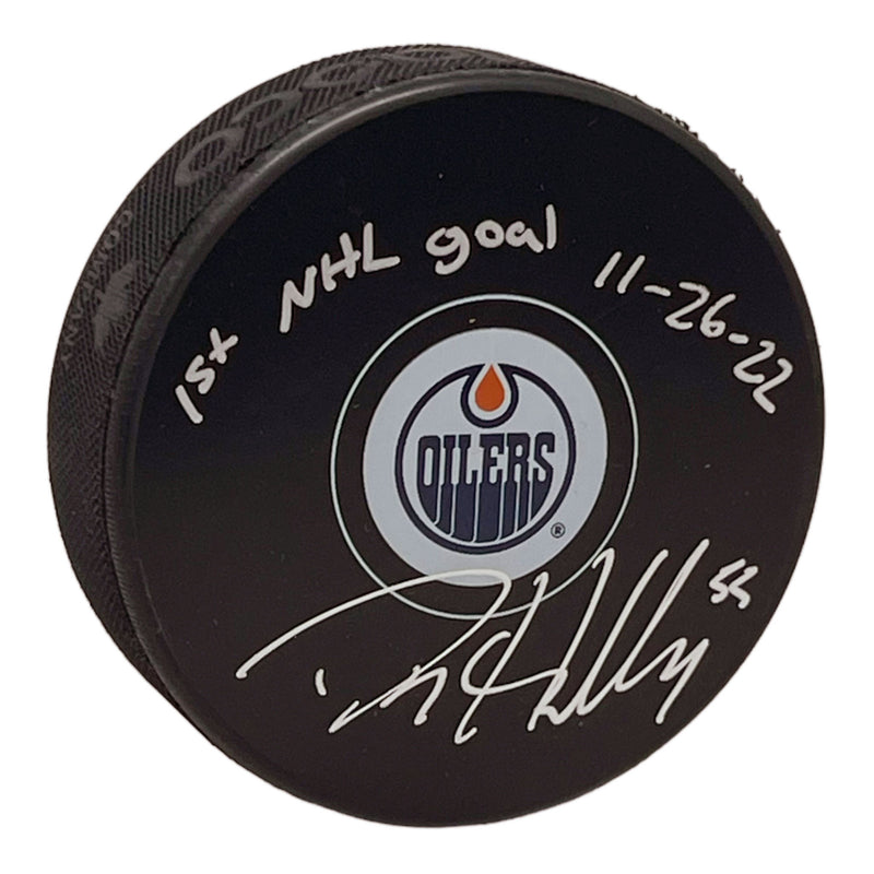 Dylan Holloway Signed Edmonton Oilers Puck Inscribed "1st NHL Goal"