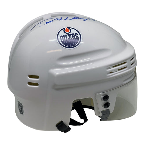Dylan Holloway Signed Edmonton Oilers White Mini Helmet Inscribed 1st NHL Goal
