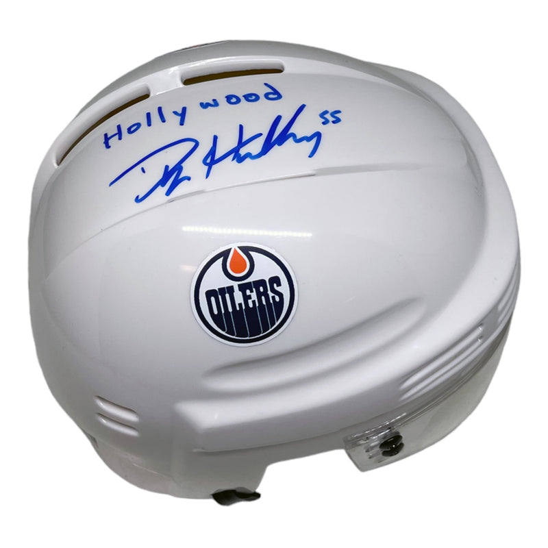 Dylan Holloway Signed Edmonton Oilers White Mini Helmet Inscribed Hollywood