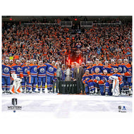 8x10 photo of the Edmonton Oilers team during the 2024 Western Conference Champions celebration. Features members of the team posing with the trophy in front of a cheering crowd.